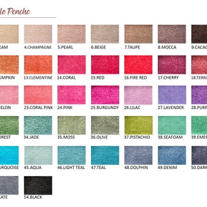 May include: Color selection chart for a versatile poncho.  The chart shows 54 different color swatches, each with a number and a name.  The colors range from white to black, and include shades of red, green, blue, purple, and brown.