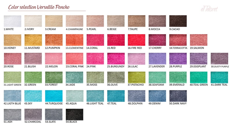 May include: Color selection chart for a versatile poncho.  The chart shows 54 different color swatches, each with a number and a name.  The colors range from white to black, and include shades of red, green, blue, purple, and brown.