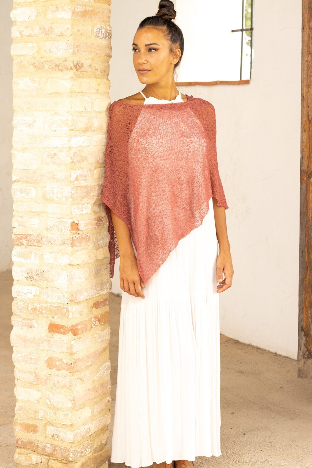 Sheer Poncho for Women, Convertible Knitted Sweater in Salmon Pink, Boho Clothing for Women