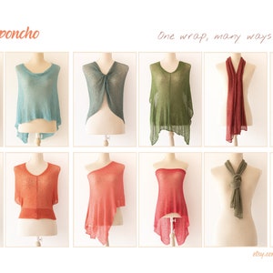 May include: A versatile poncho in 10 different styles, shown on mannequins. The poncho is available in a variety of colors, including blue, green, red, and orange. The text "Versatile poncho" and "One wrap, many ways to wear it" is visible at the top of the image. The text "etsy.com/shop/MalainaShop" is visible at the bottom of the image.