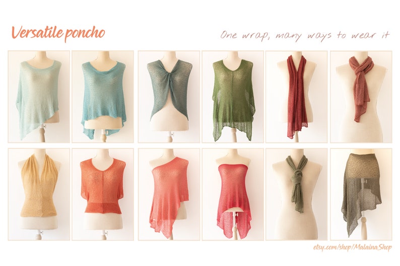 May include: A versatile poncho in 10 different styles, shown on mannequins. The poncho is available in a variety of colors, including blue, green, red, and orange. The text "Versatile poncho" and "One wrap, many ways to wear it" is visible at the top of the image. The text "etsy.com/shop/MalainaShop" is visible at the bottom of the image.