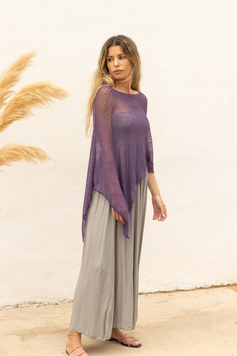 Purple sheer poncho for women, Boho chic off the shoulder poncho eggplant color, Multiple way dress cover up knitted, Robe boheme for women image 1