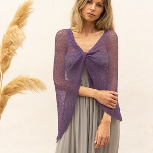 Poncho trasparente viola da donna, poncho Boho chic con spalle scoperte color melanzana, copriabito in più modi lavorato a maglia, Robe boheme per le donne immagine 6