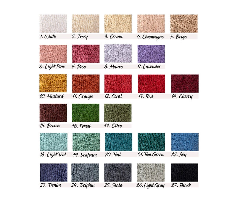 May include: Swatch card showing 27 different colors of fabric. The colors are arranged in rows and labeled with numbers and names. The colors include white, ivory, cream, champagne, beige, light pink, rose, mauve, lavender, mustard, orange, coral, red, cherry, brown, forest, olive, light teal, seafoam, teal, teal green, sky, denim, dolphin, slate, light gray, and black.