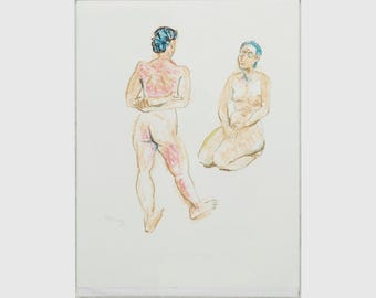 May include: A framed artwork featuring two figures sketched in colored pencil. One figure stands with arms crossed, the other kneels. The figures are rendered in shades of beige, pink, and blue, with visible pencil strokes.