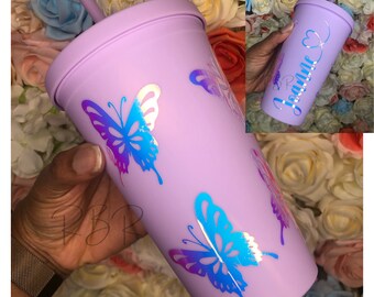 Personalised Butterfly matte tumbler with straw, Starbucks cup, Strata cup,  16oz reusable tumbler, personalised gift, gifts for her,