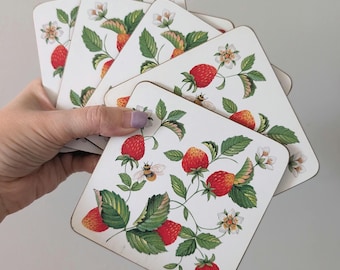 Vintage Strawberry Vine Cork Coasters, Set of 5, Retro home table decor
