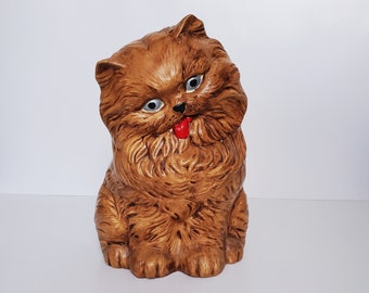 Vintage Ceramic Persian Long Hair Ginger Cat Statue with Tongue, MCM Chalkware Cat Statue, Handmade Retro Cat Decor