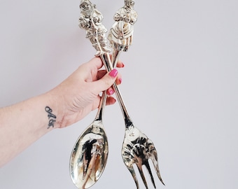 Vintage Mr. And Mrs. Santa Claus Silver plated Serving utensils, fork and spoon, Christmas serving