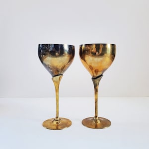Vintage 1960s Brass Goblets, brass stemmed glasses, Vntage Barware, Made in India