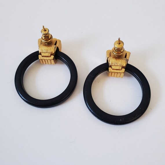 80’s Vintage Black and Gold Plastic Hoop Stud Ear… - image 7