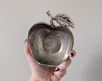 Vintage 1970s Silver Plated Apple Trinket Dish: Fruit Shaped Catchall Bowl