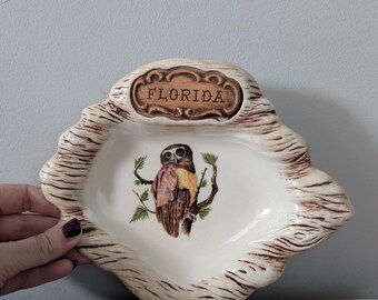 Vintage 1970s Treasure Craft Owl Florida Pottery Ashtray Trinket Dish