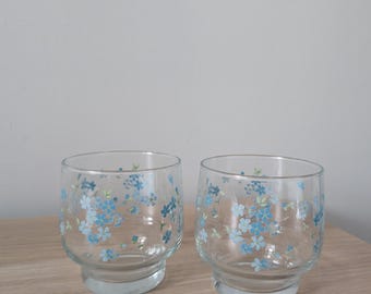 Vintage Mid Century Arcopal Low Ball Glasses with blue flower pattern, 1970s Vintage Barware