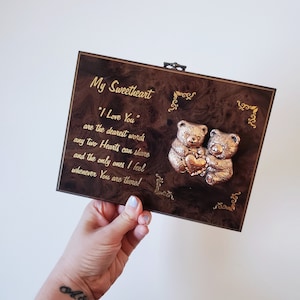 Vintage MCM Brown Wooden Wall Plaque: Gold Bear Decor