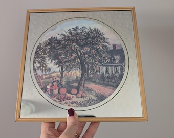 Vintage Currier & Ives Mirror framed Lithos print of the fall season, Retro Bar Mirrorl