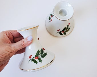 Vintage 1980s Christmas Holly Candlestick Holders, Japan, Vintage Candle Holders, Vintage China