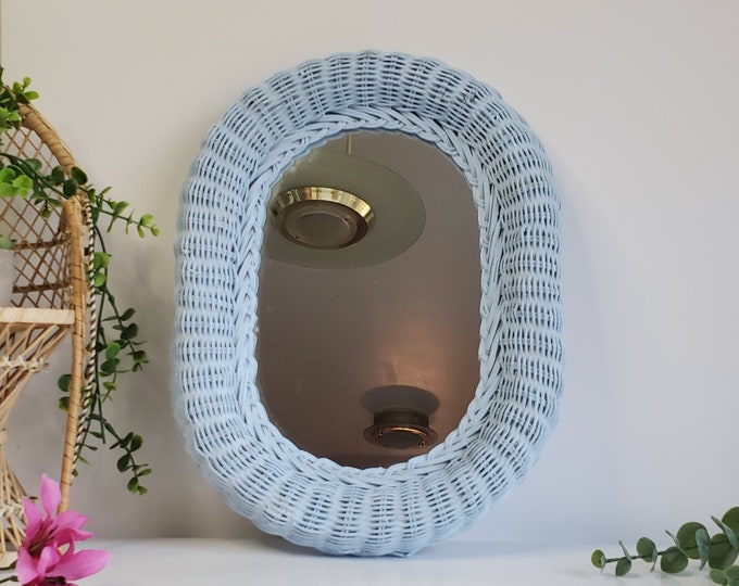 Vintage Oval Wicker Mirror in Baby Blue, Mirror, Wall Mirror, Oval