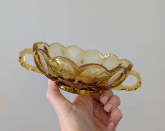 Vintage 1970s Anchor Hocking Amber Glass Double handled nappy candy dish in Fairfield pattern
