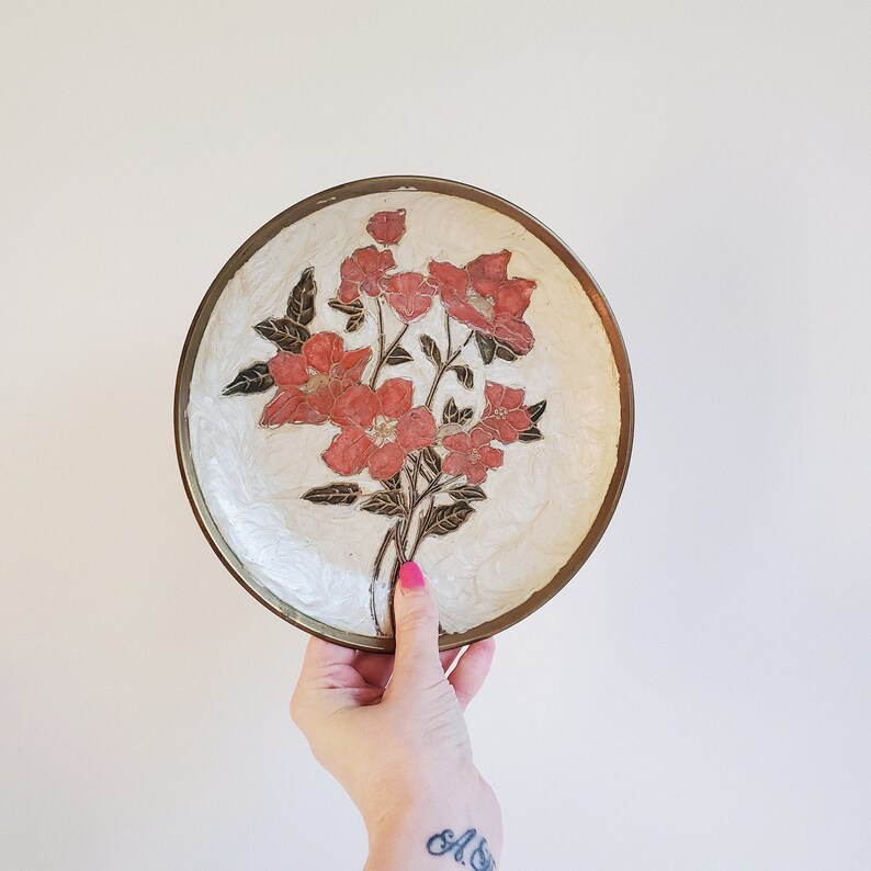 Vintage 1970s Solid Brass and Enamel Plate, Retro Flower design, Catchall dish, Brass Plant Candle Holder image 1