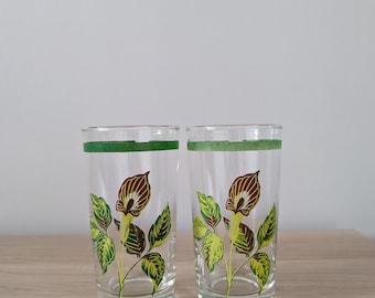 Vintage Libbey Green Floral Juice Glasses, Retro Barware, Vintage Glass Tumblers