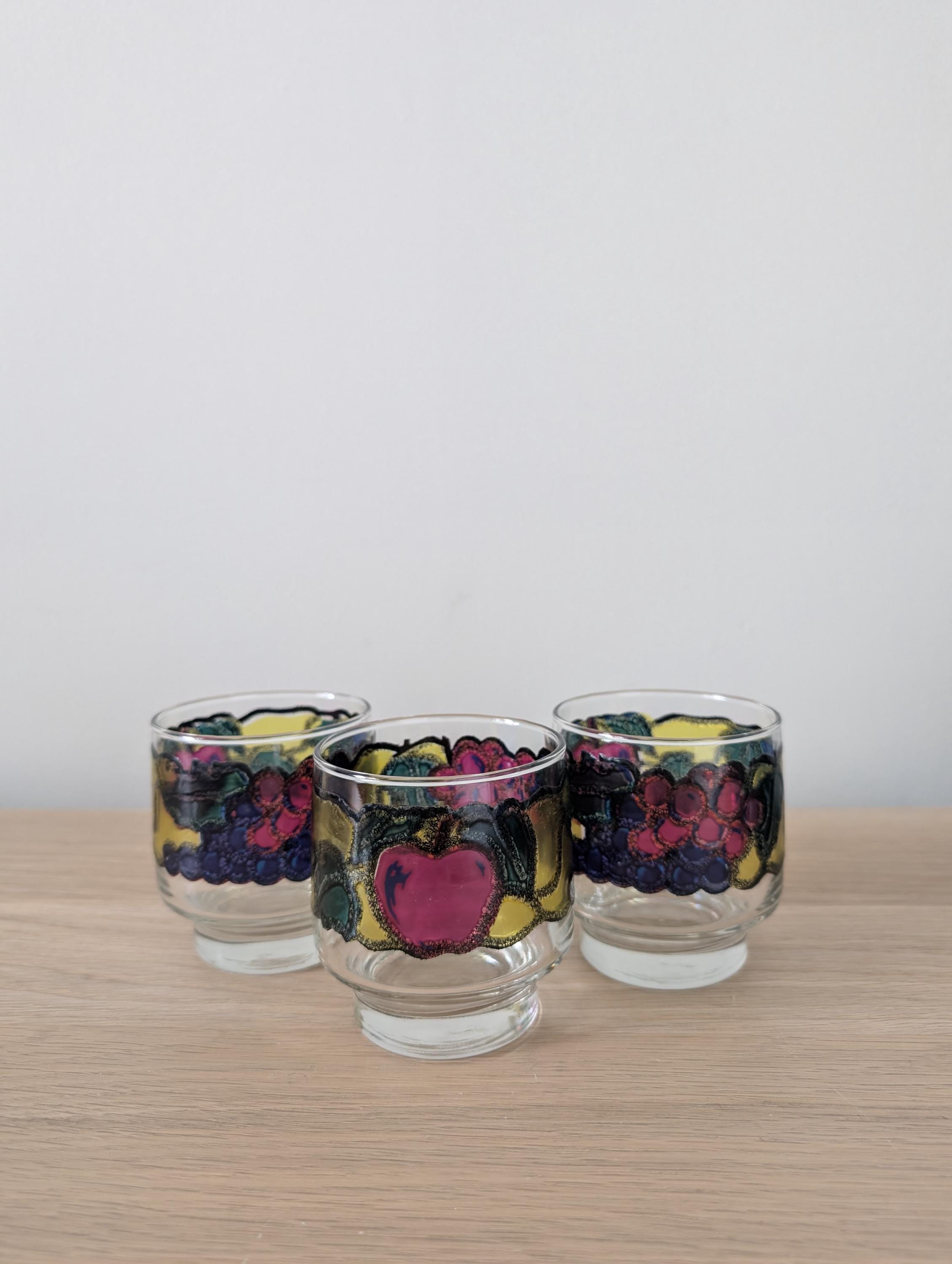 Vintage 1970s Libbey Stained Glass Fruit Patterned Low Ball 