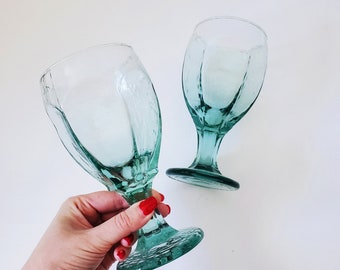 Vintage 1980s Libbey Chivalry Light Green Textured Glass Wine/Water Goblets, Retro Wine Glass Set