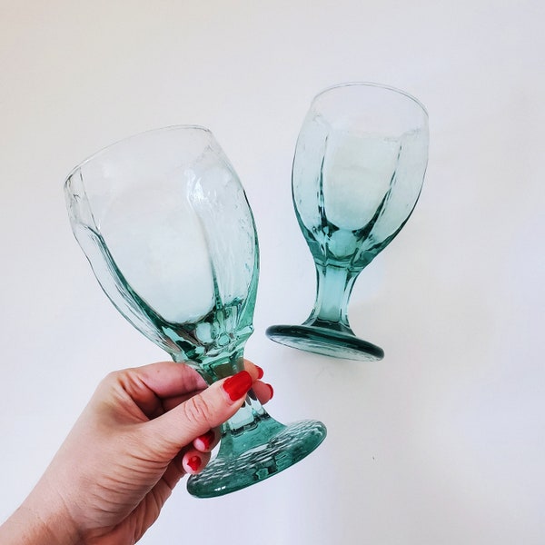 Vintage 1980s Libbey Chivalry Light Green Textured Glass Wine/Water Goblets, Retro Wine Glass Set