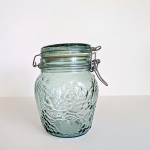 Vintage Libbey Canada Green Glass Embossed Canister Jar, Wire Bail, Canning Jar, Storage Containers