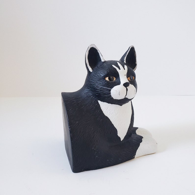 Fermalibri vintage anni '60 in porcellana ceramica in bianco e nero con figurine di gatti, fermalibri per ufficio biblioteca retrò, pezzo da esposizione per gatti immagine 4