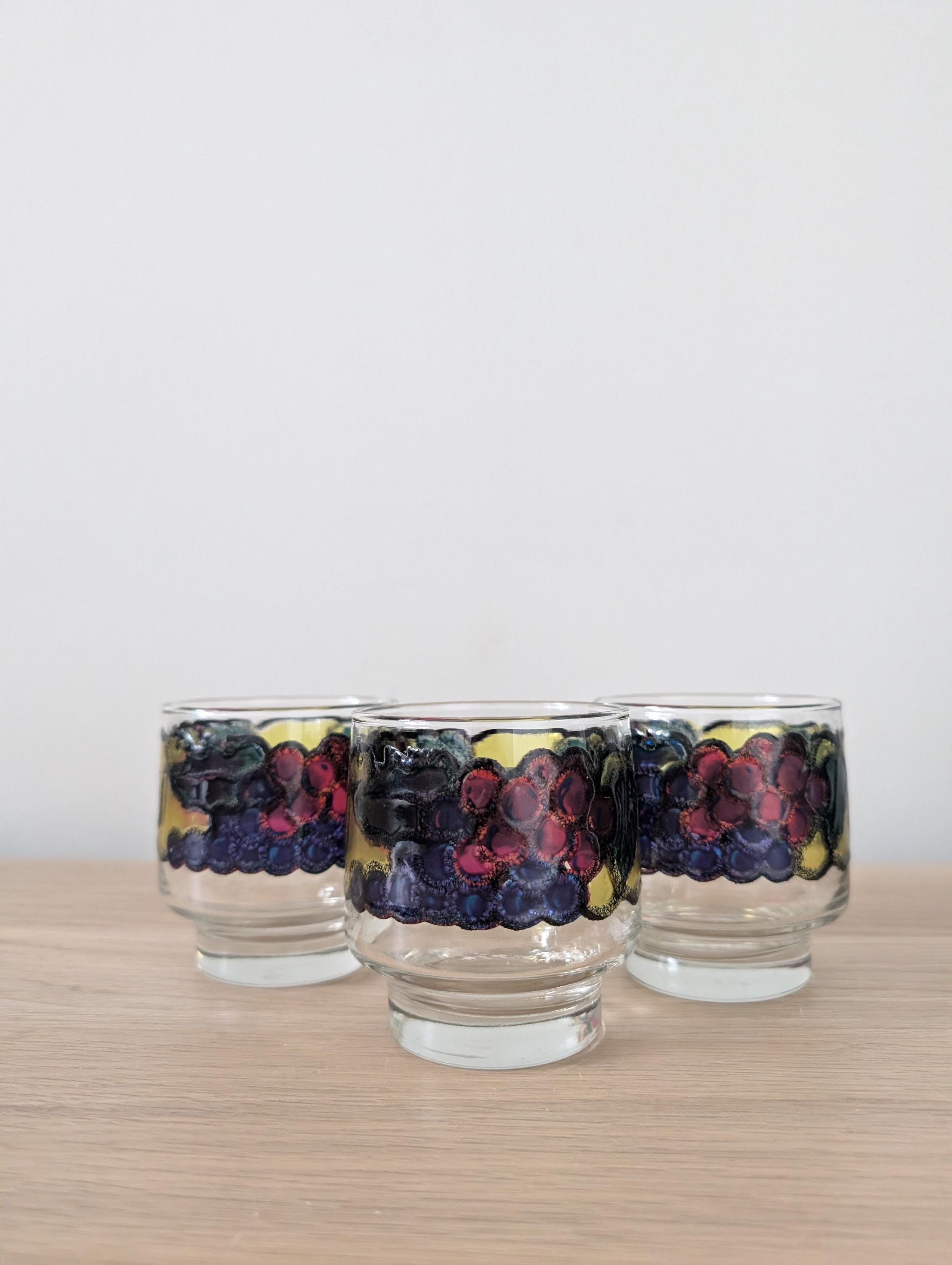 Vintage 1970s Libbey Stained Glass Fruit Patterned Low Ball 