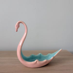 Vintage Pink Blue Ceramic Swan Planter Holder, Art Deco Pottery Made Canada