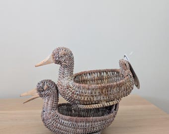 Vintage Small Wicker Duck Basket / Catchall Dish with Wood Bill