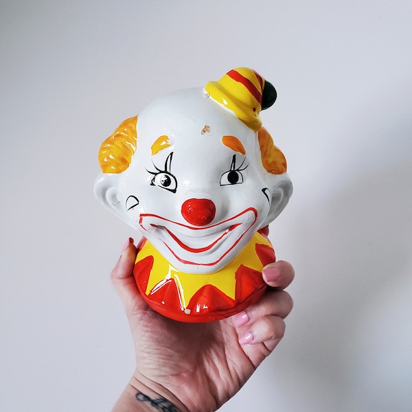 Tirelire tête de clown craie rétro vintage des années 1950, tirelire en céramique, clown rétro mignon original