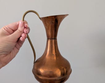 Vintage MCM Copper Pitcher Vase with Brass Handle