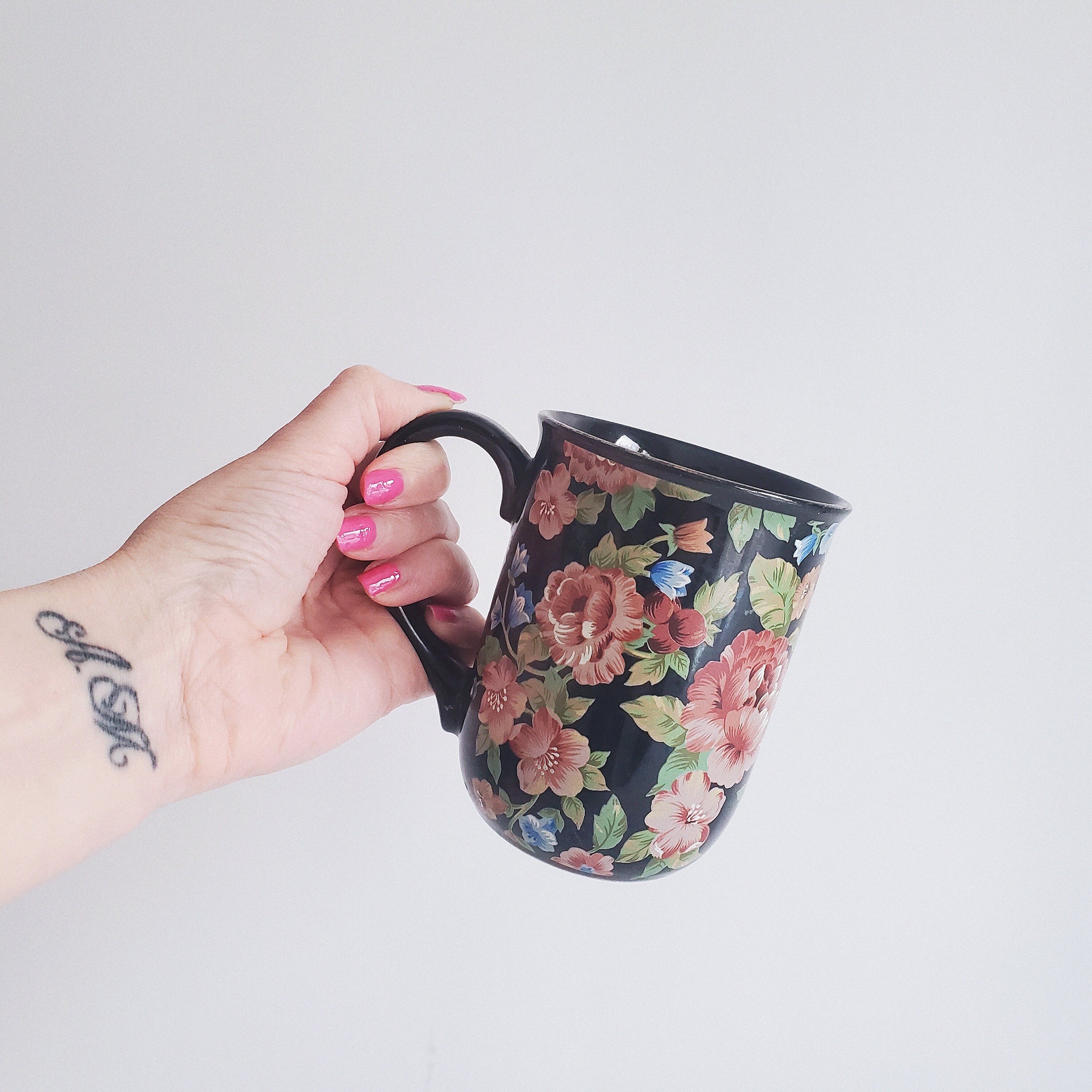 Vintage Otagiri Japan Floral Mug, Black and Pink, Tavistock Garden