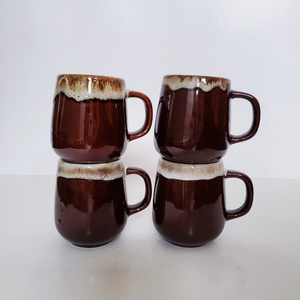 Tazas de café de gres vintage de la década de 1970, cerámica marrón y blanca, goteo, tazas vintage, taza de café