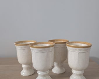 Vintage 1970s Mikasa Stoneware Coffee Mugs, Beige and Tan Pedestal Mugs, Set of 4