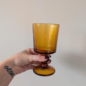 May include: Amber-colored textured glass goblet. The goblet has a textured, cylindrical bowl and a dark brown stem with a decorative, twisted design. The base is round and also textured. The glass is held in a hand.