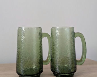 Vintage Avocado Green textured Glass Beer Steins, MCM Barware Set