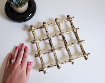 Vintage Faux Bamboo Trivet, French Silver Plated Faux Bamboo Expandable Trivet, Boho plant holder