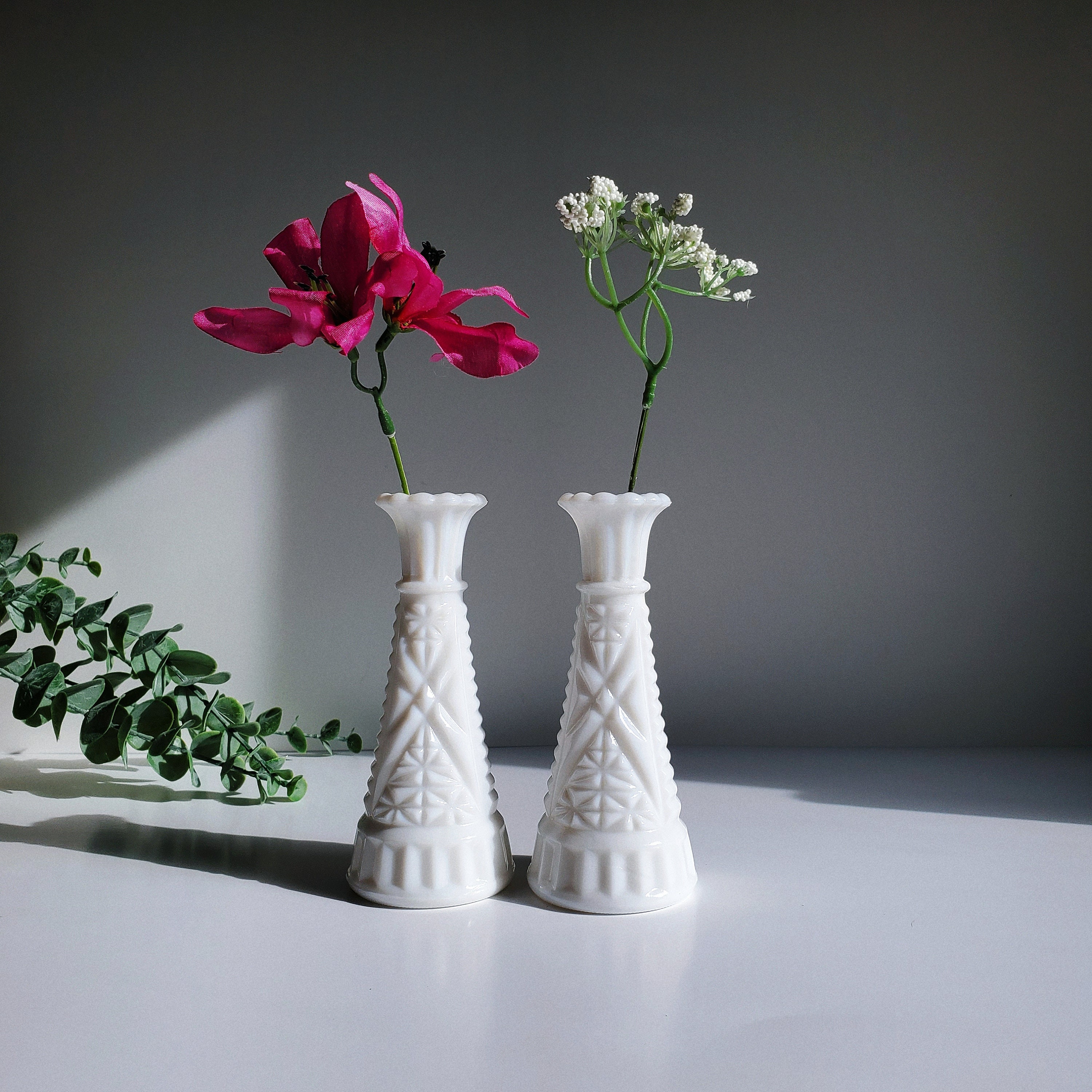Vintage Anchor Hocking Milk Glass Bud Vases, Pair, Mid Century 