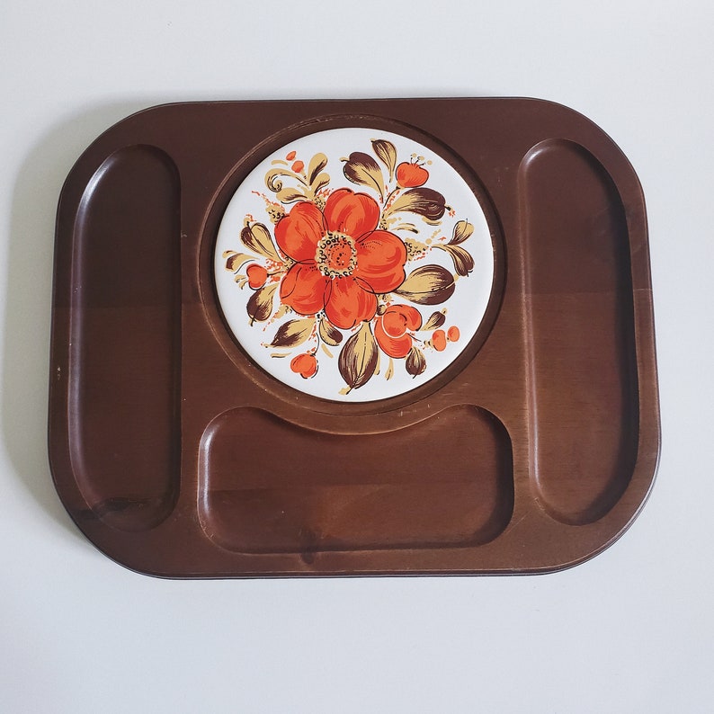 Vintage 1970s Floral Wooden Cheeseboard Tray, Tile Center Piece, Mid Century Charcuterie Serving Platter image 3