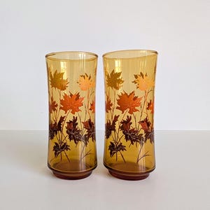 Vintage Libbey herfstbladbekers: amberkleurige longdrinkglazen uit de jaren 70 (set van 2)