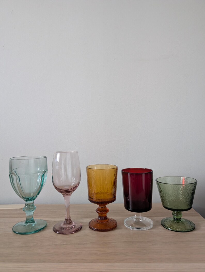 Vintage Mismatched Colored Glass Goblets, Retro Wine Glasses, Bohemian Decor image 13