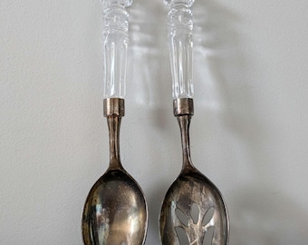 Juego de cuchara y tenedor para ensalada vintage, chapado en plata, con mangos de cristal, utensilios de servir de mediados de siglo.