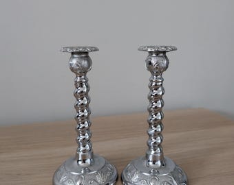 Vintage Chrome Plated Barley Twist Candlestick Holders, Mid century decor