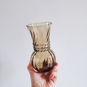 Vintage 1970s Anchor Hocking Brown Smoked Glass Optic Swirl Bud Vase, Retro Glass Planter