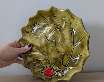 Vintage 1970  Handmade Ceramic Christmas Holly Berry Dish