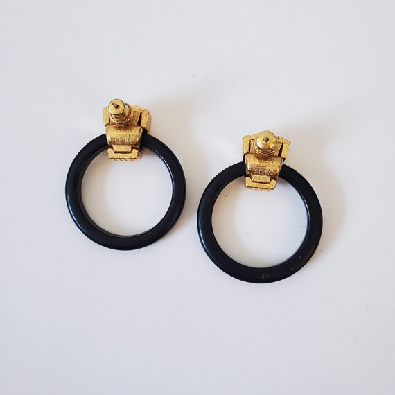 80’s Vintage Black and Gold Plastic Hoop Stud Ear… - image 6